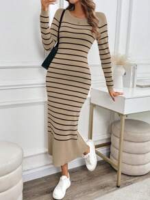 SHEIN LUNE 1pc Women Colorblock Striped Bodycon Long Sweater Dress - Multicolor - View 3