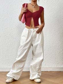 SHEIN EZwear Ruched Split Hem Cap Sleeves Crop Tee - Burgundy - View 4