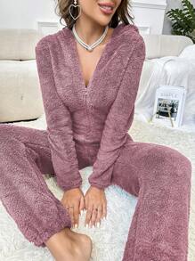 女士可爱纯色3D耳朵连帽拉链毛绒连体衣，秋冬季，舒适保暖