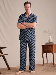 EverLounge Men's Paisley Print Lapel Collar Short Sleeve Shirt And Pants Pajama Set