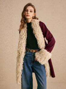 Poéselle 1pc Women Fuzzy Patchwork Colorblock Long Sleeve Open Front Casual Jacket, Autumn/Winter - Burgundy - View 5