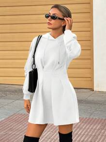 SHEIN Essnce 2024 秋季女装、秋季运动衫、秋季女式裙子、女式黑色连衣裙、黑色长袖连衣裙、腰部 A 字形连帽运动衫、辣妹迷你连衣裙腰部运动衫裙、黑色返校派对装 - 白色 - 查看 3