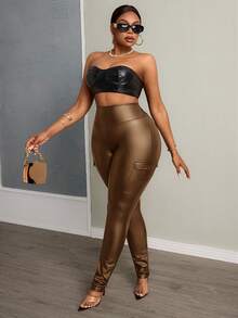 Slaydiva 大码纯黑色弹力皮革针织休闲紧身裤，适合冬季 - 棕色 - 查看 6