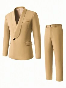 Calvornis Men's Business Casual Solid Color Shawl Neck Blazer And Pants Set - Khaki - View 4
