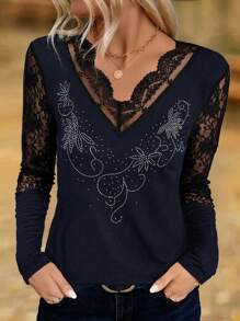 SHEIN Clasi 女式 V 领长袖黑色蕾丝边 T 恤，带水钻装饰，适合秋季 - 藏蓝色 - 查看 1