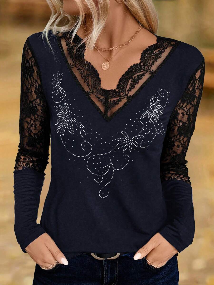 SHEIN Clasi 女式 V 领长袖黑色蕾丝边 T 恤，带水钻装饰，适合秋季 - 藏蓝色 - 查看 1