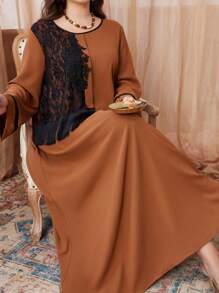 Al Najma Plus Size Women Casual Lace Patchwork Long Sleeve Loose Fit Dress, Regular For Spring/Autumn, Elegant Modest Tunic Arabian Dresses, For Casual Daily - Coffee Brown - View 1