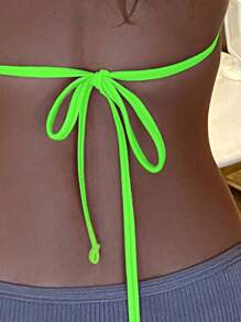 Swim Basics Summer Beach Neon Halter Triangle Neon Bikini Top Bathing Suit - Lime Green - View 3