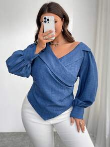 SHEIN Privé Plus Size Comfortable Casual Elegant Commute Daily Versatile Denim Effect Asymmetrical Collar Lantern Sleeve Pleated Asymmetric Hem Women Long Sleeve Blouse, Autumn/Winter