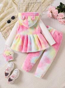 SHEIN 3pcs Set: Young Girls Fashionable Cropped Hooded Jacket, Ribbed Elastic Knitted T-Shirt, Plush Star Embroidery Fuzzy Backpack. Suitable For Birthday Gift, New Year's Gift, Christmas, Party, Daily Wear, Summer, Autumn, Spring - Multicolor - View 2