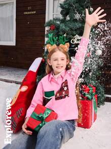 1件女童圣诞图案口袋长袖衬衫，适合圣诞外出、城市街头穿搭和日常穿着。 - 粉色 - 查看 3