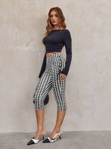 SHEIN SXY Autumn Winter Sexy Cute Bow Ribbon Houndstooth 3/4 Length Leggings