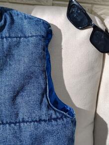 SHEIN Teen Girls Winter Cold Weather Clothes Y2k Stonewashed Zip Up Front Thermal Lined Vest Padded Denim Thick Coat - Medium Wash - View 3