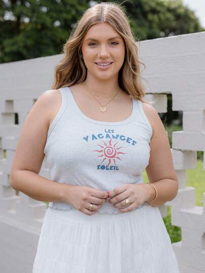 Aralina Camiseta de tirantes acanalada con cuello redondo y estampado gráfico