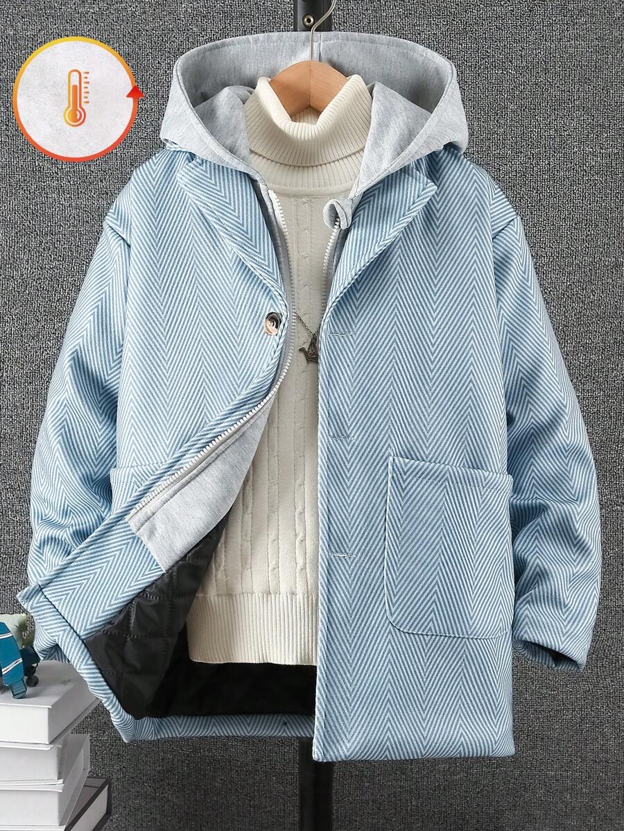 Tween Boy 休闲加厚长款连帽仿两件套风衣，秋冬 - 藍白色 - 查看 1