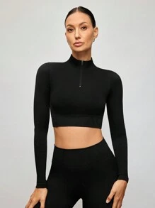 Activina Women Solid Color Seamless Zip-Up Long Sleeve Sports Cropped Top - Black - View 1