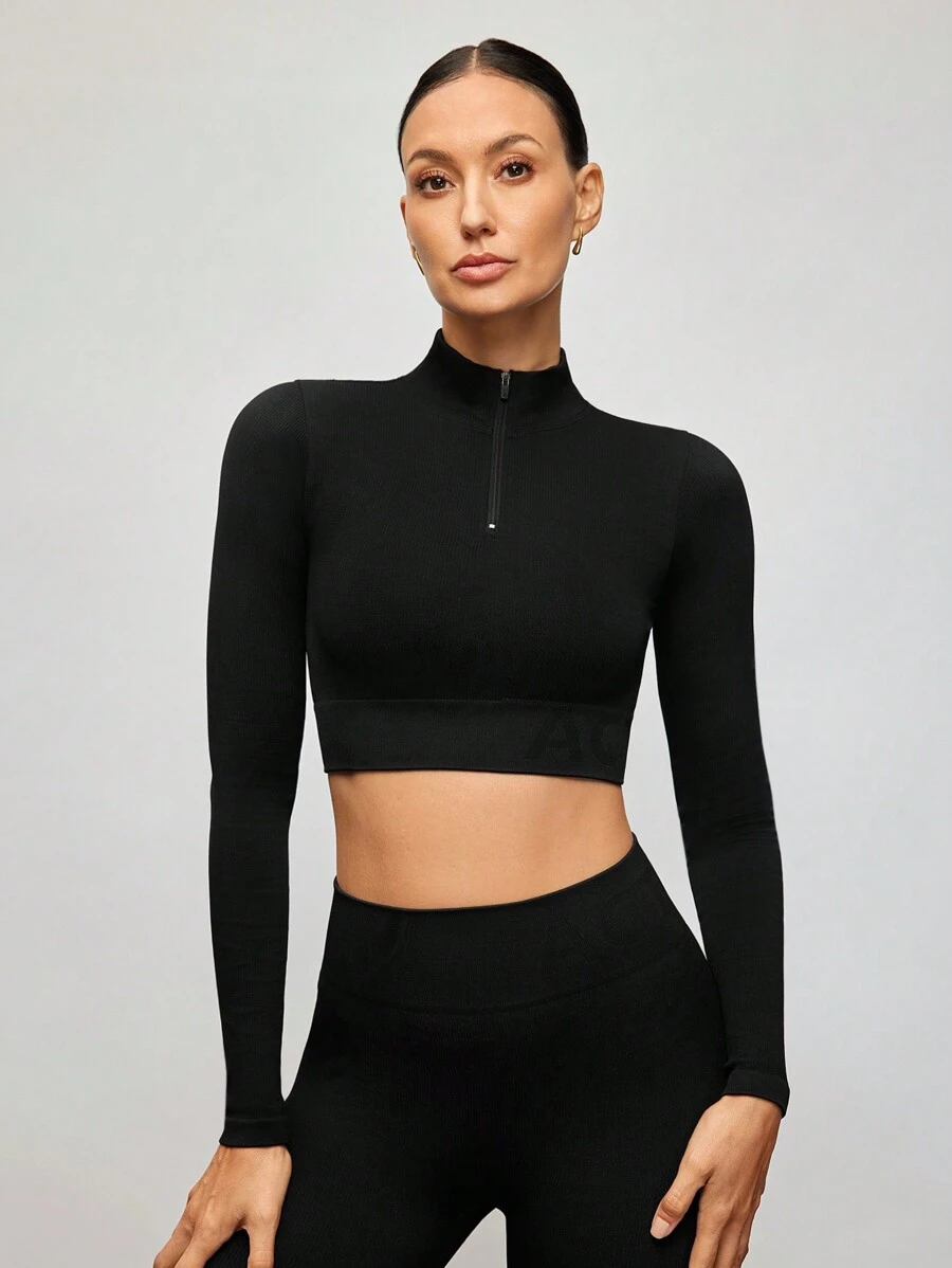 Activina Women Solid Color Seamless Zip-Up Long Sleeve Sports Cropped Top - Black - View 1