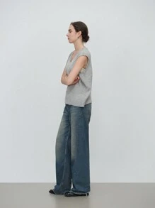 SHEIN LUNE Áo len chui đầu cổ chữ V rộng rãi cho nữ, thường ngày, mùa thu - Xám - Xem 5