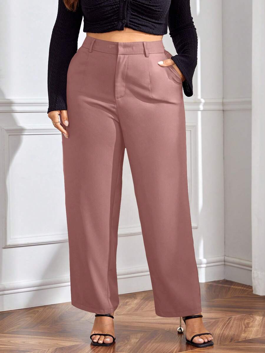 SHEIN Privé Quần âu ống đứng rộng rãi màu trơn đơn giản cho nữ cỡ lớn có túi xéo - Bụi hồng - Xem 1