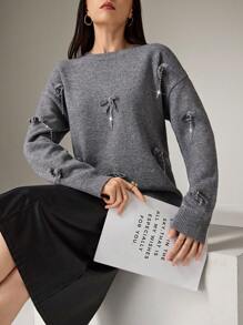 Heiryn Áo len chui đầu đính nơ và đá giả màu xám cho nữ vào mùa thu/đông - Xám - Xem 5