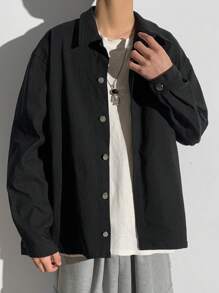 SHEIN TeenBoys 1 件休闲百搭时尚背部动漫印花图案工作纽扣休闲夹克外套返校；秋季服装；青少年男孩服装；秋季外套；秋季秋冬