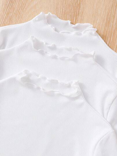 SHEIN Set de 3 camisetas ajustadas con cuello de volantes de color liso acanalado para niña joven