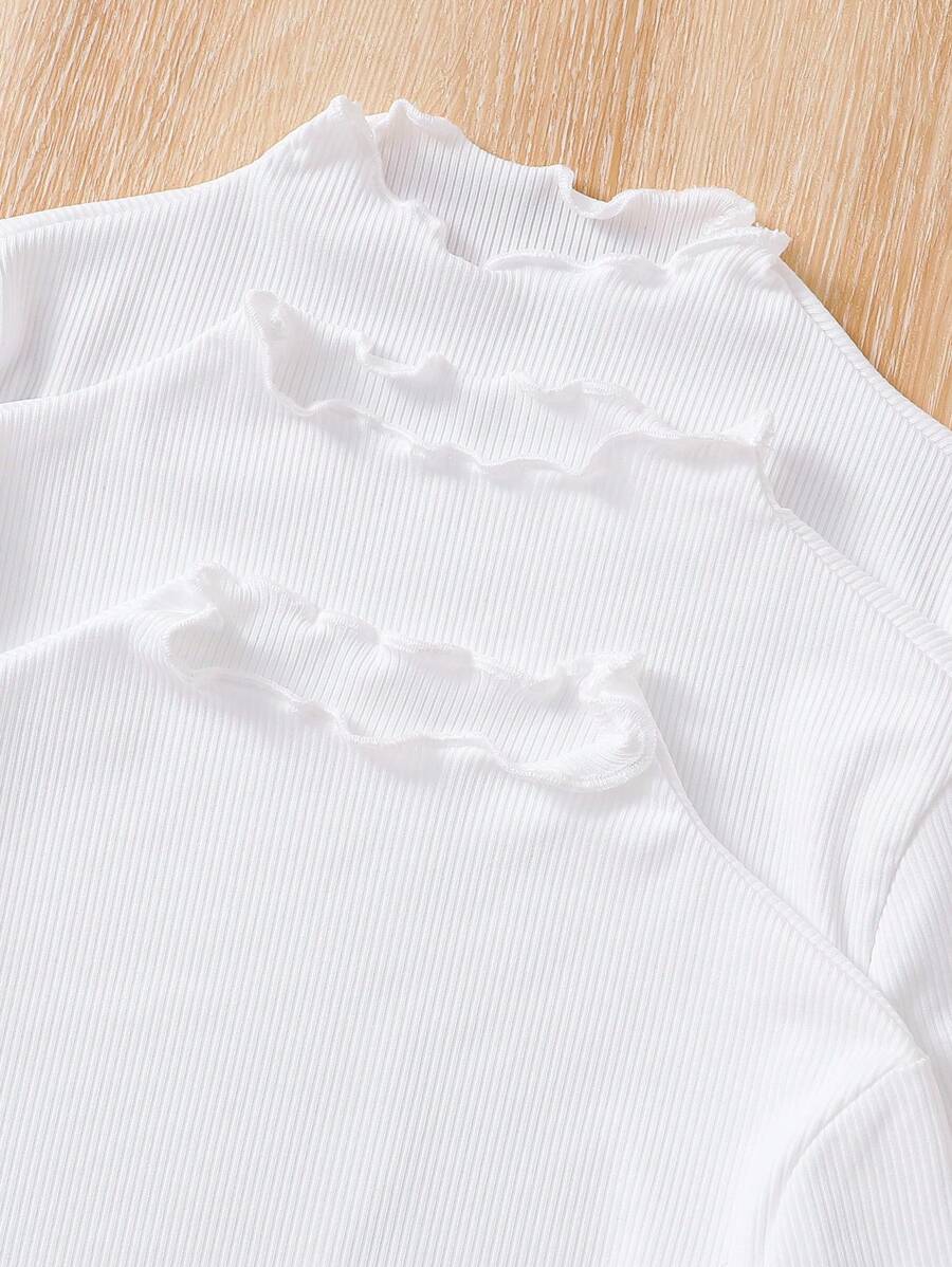 SHEIN Set de 3 camisetas ajustadas con cuello de volantes de color liso acanalado para niña joven