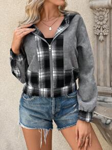 SHEIN LUNE Giacca da donna con cappuccio, chiusura lampo in metallo, tessuto check retrò, texture di velluto a coste in contrasto, casual, per pendolarismo, elegante, per uscire, calda, autunno/inverno - Grigio - Visualizzare 3
