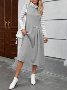 EMERY ROSE Women Casual Striped Patchwork Print High Neck 2 In 1 Midi Dress