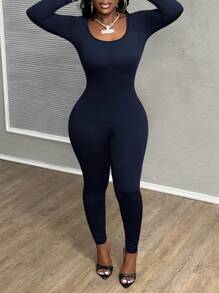 Slaydiva Women Solid Color Casual Fitted Jumpsuit, Autumn - Blue - View 1