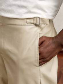 AKNOTIC Business Casual Men Loose Fit Woven PU Fabric Mid-Waist Long Straight Casual Khaki Pants, With Metal Buckle And Letter Metal Decor, Large Pockets - Apricot - View 5