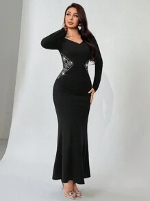 Modelyn Women's Autumn Rhinestone Decor Waist Fitted Fish Tail Hem Dress Long Evening Dresses - Black - View 4