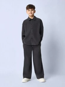 SUMWON Tween Boys Comfy Regular Fit Corduroy Long Sleeve Shirt & Wide Leg Sweatpants 2 Piece Set
