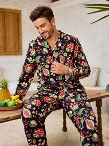 Manfinity ChillVibe Men's Full Floral Print Lapel Collar Button Up Long Sleeve Shirt And Pants Sleepwear Set - Rose Red - View 6