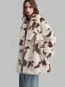 Ontre Áo khoác lót lông ấm áp dài vừa, cổ bẻ họa tiết da báo màu kaki, túi siêu lớn, cỡ lớn, mùa thu/đông - Màu Khaki - Xem 3
