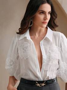 Anewsta 1 件女士优雅泡泡袖花卉珍珠串珠装饰透明女式衬衫