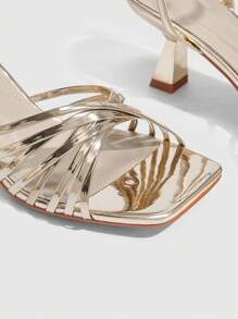 CUCCOO SZL Women's Square Toe Low Heel Gold Strap Sexy Elegant Party/Wedding Stiletto High Heel Sandals