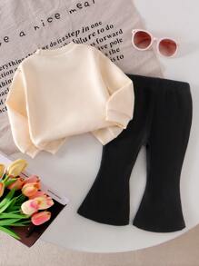 Elladie kids 2 件装女婴杏色字母印花长袖上衣和棕色喇叭裤套装，可爱舒适的春秋季运动衫套装 - 杏色 - 查看 2