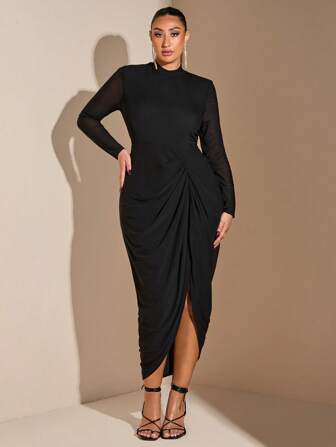 SHEIN BAE Plus Size Women Elegant Sexy Birthday Party Black Mesh Tulle High Neck Long Sleeve Drape High Slit Hem Bodycon Long Dress Christmas Outfit Occasion Dress Prom Dress