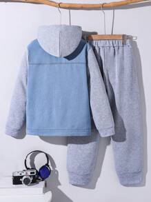 Conjunto de 2 piezas para niño preadolescente con chaqueta y pantalones de mezclilla con diseño de parches modernos y casuales, ropa adecuada para el otoño/invierno para uso diario