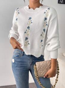 Calvaya 1pc Loose Fit Floral Embroidered Sweater With Lace Collar, Suitable For Autumn/Winter, Long Sleeve Top Knit Pullover Fall - White - View 3
