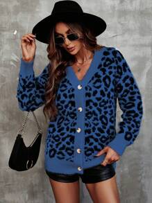 Calvaya Cárdigan de punto de hombros caídos con jacquard de estampado de leopardo, para otoño/invierno