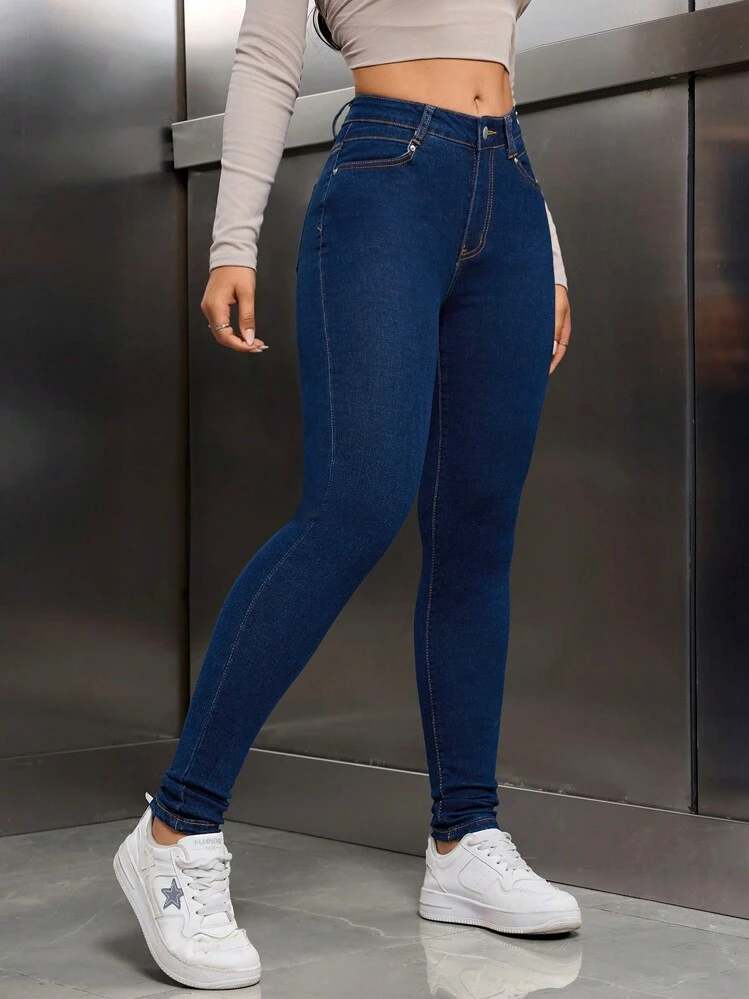 SHEIN Tall Jeans pitillo casuales ajustados con bolsillos sesgados, versátiles para mujer - Azul lavado oscuro - Añade 5
