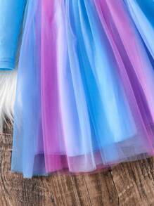 SHEIN 年轻女孩卡通冰雪奇缘公主图案搭配网眼下摆公主裙，适合生日礼物、圣诞礼物、新年礼物、聚会、郊游、度假、休闲装，适合夏秋春冬，温暖、舒适、时尚、可爱，适合甜美女孩