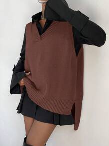 Chiquease 女士 V 领无袖简约针织毛衣背心，休闲日常穿着