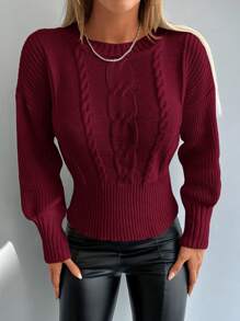 EURMUSE 女士纯色麻花图案长袖修身套头毛衣，秋冬款 - 酒紅色 - 查看 4