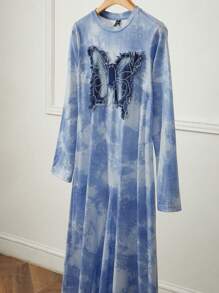 Seusyu Women's Butterfly Embroidery Tie Dye Print Dress - Light Grey - View 5