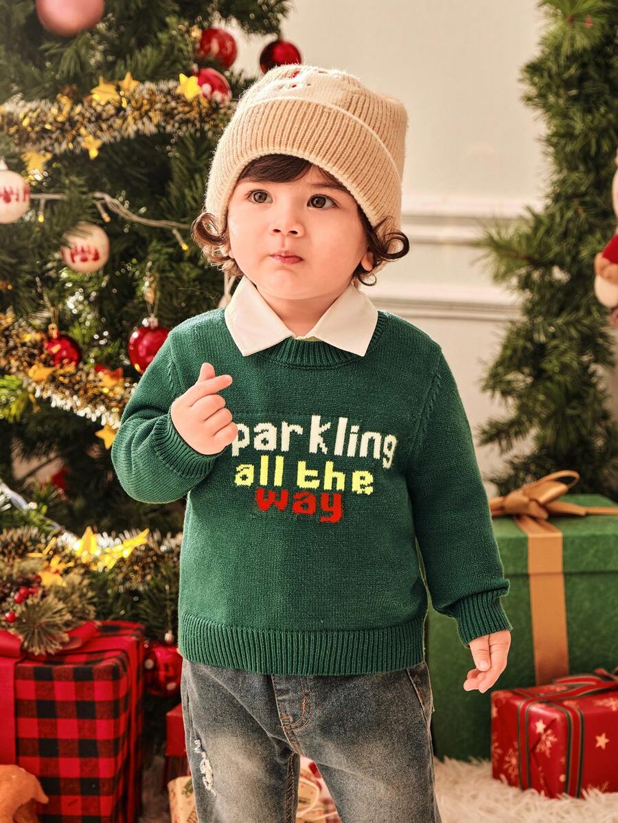 SHEIN Suéter ligero de cuello redondo con patrón bordado de temática navideña, estilo navideño elegante adecuado para fiesta de otoño/invierno, para bebé niño o niña - Verde - Ver 1