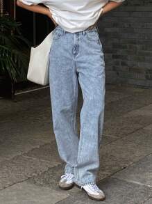 DAZY Quần Jeans Ống Thẳng Túi Đơn Giản Cho Nữ - Rửa nhẹ - Xem 3