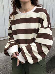 FRIFUL 女士秋季落肩长袖休闲条纹宽松 T 恤